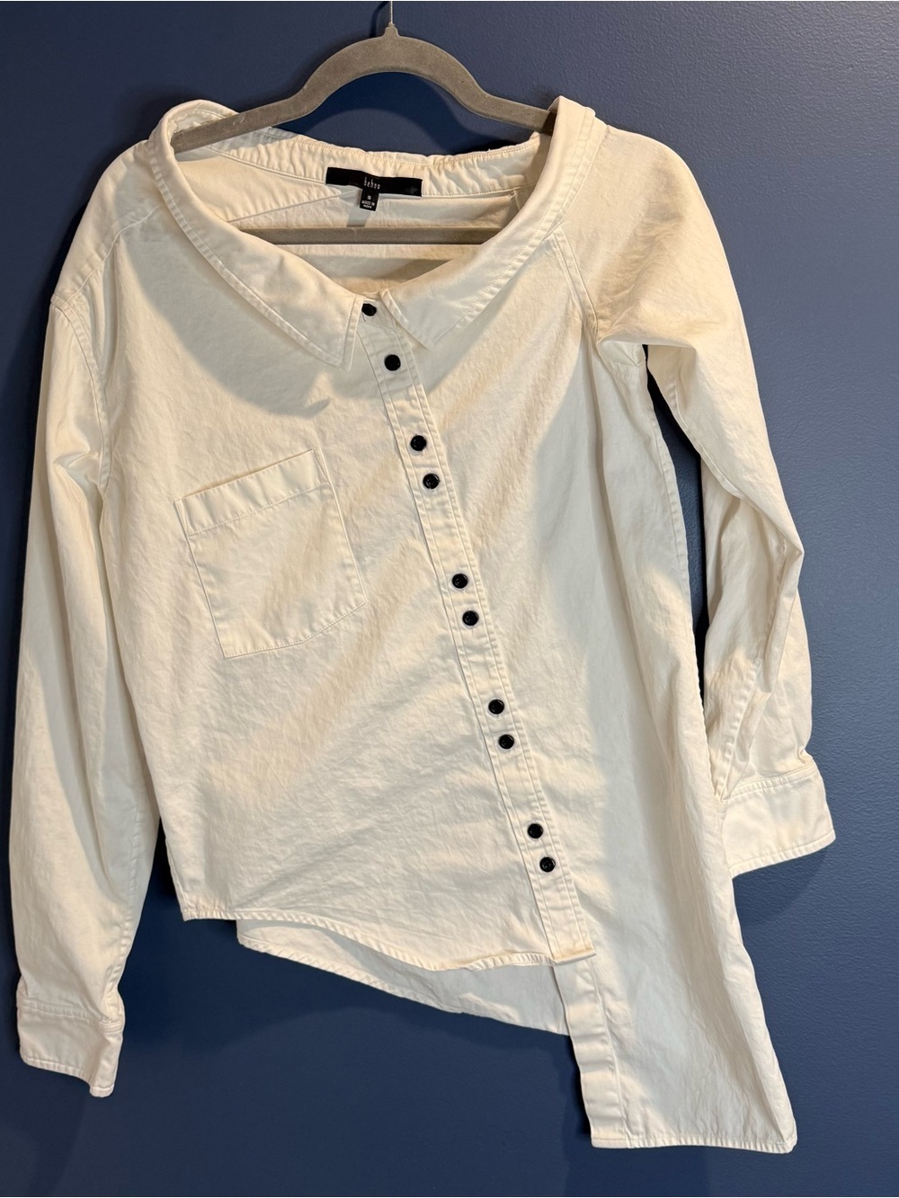 Behno White Asymmetrical Button-Down Shirt with Black Buttons